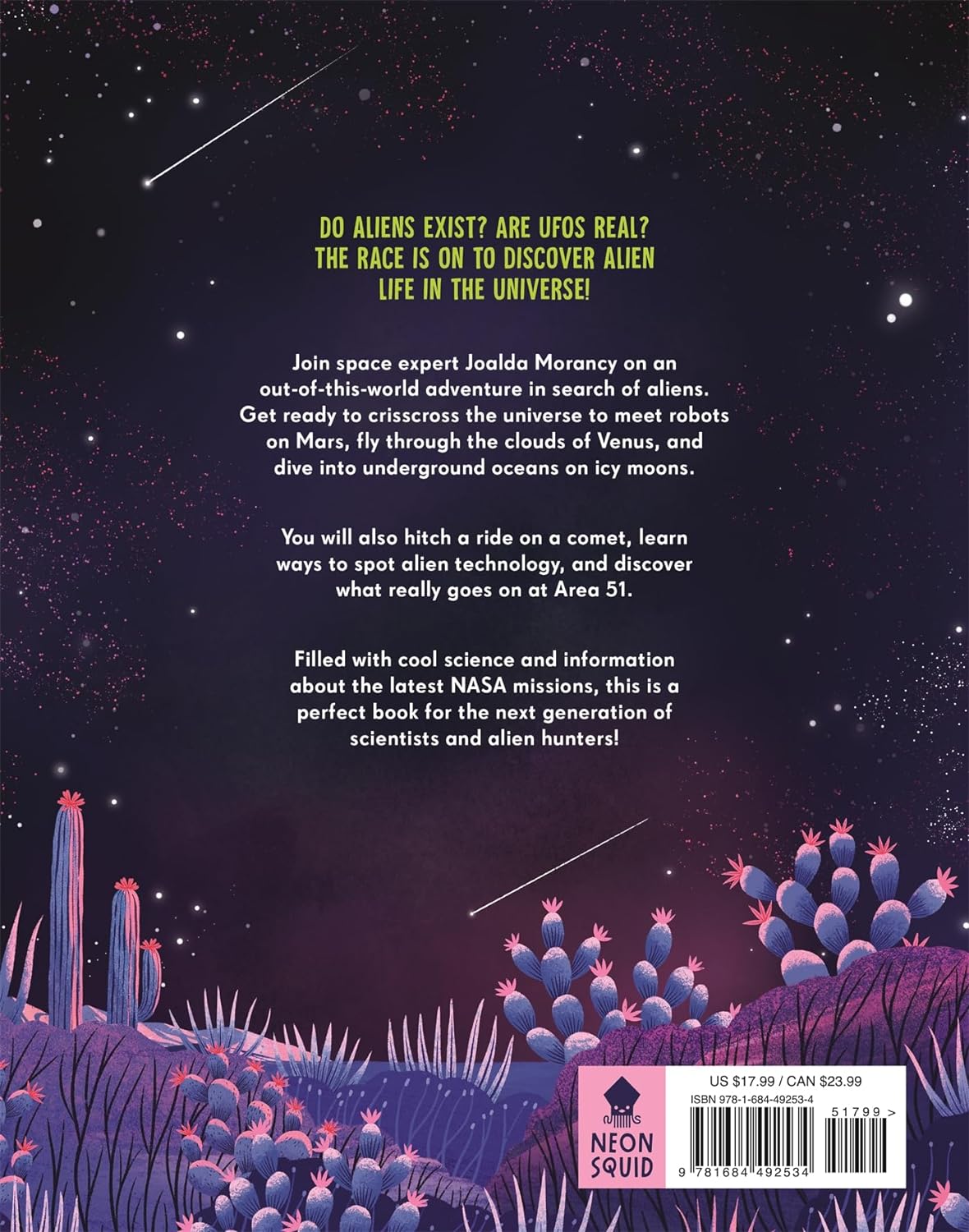 Back cover of Aliens book with space adventure text and colorful alien plants under a starry night sky.