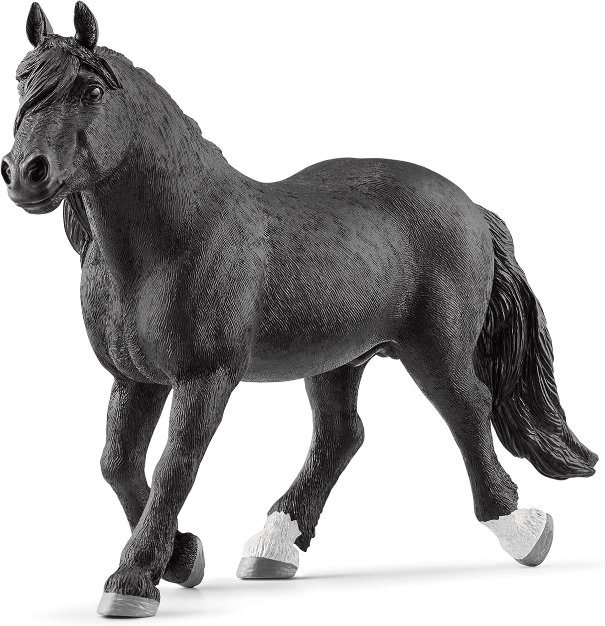 Black Noriker Stallion Horse model with sturdy build and sure-footed stance, perfect for rugged trails and play areas.