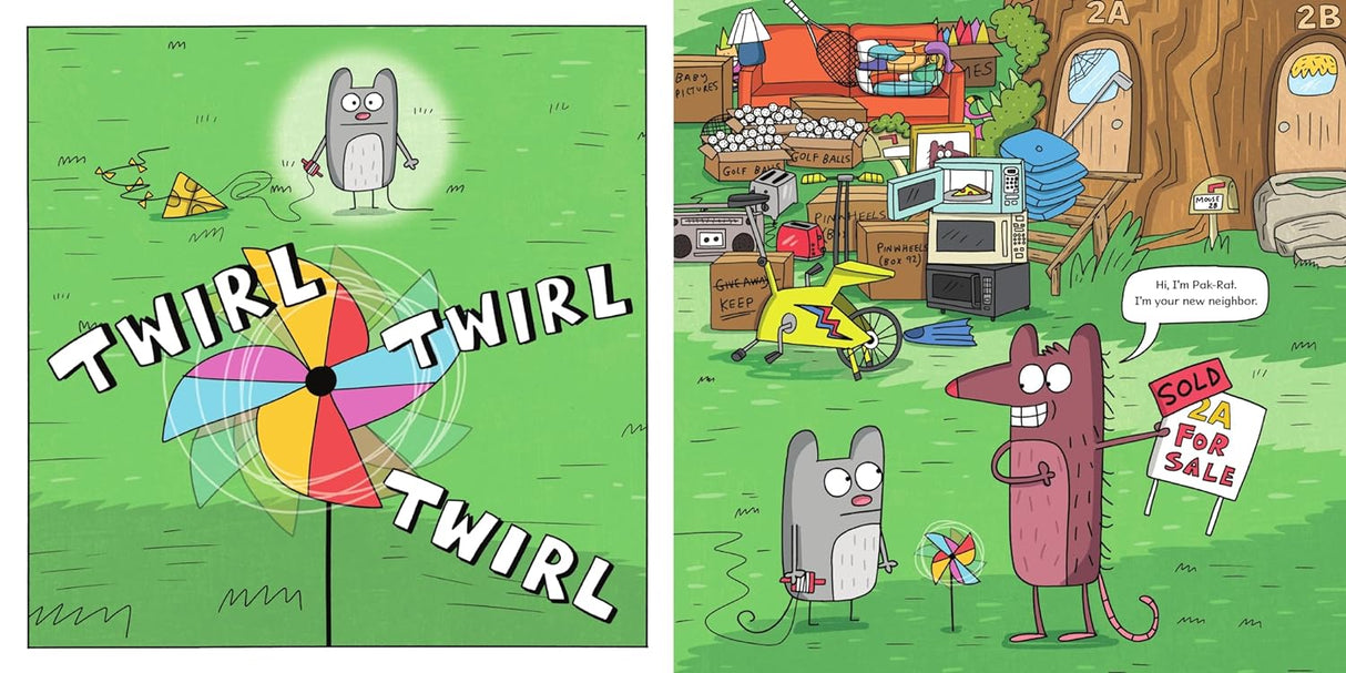 Shared Space book illustration showing Mouse’s neat yard and Pak-Rat moving in next door with colorful pinwheel.