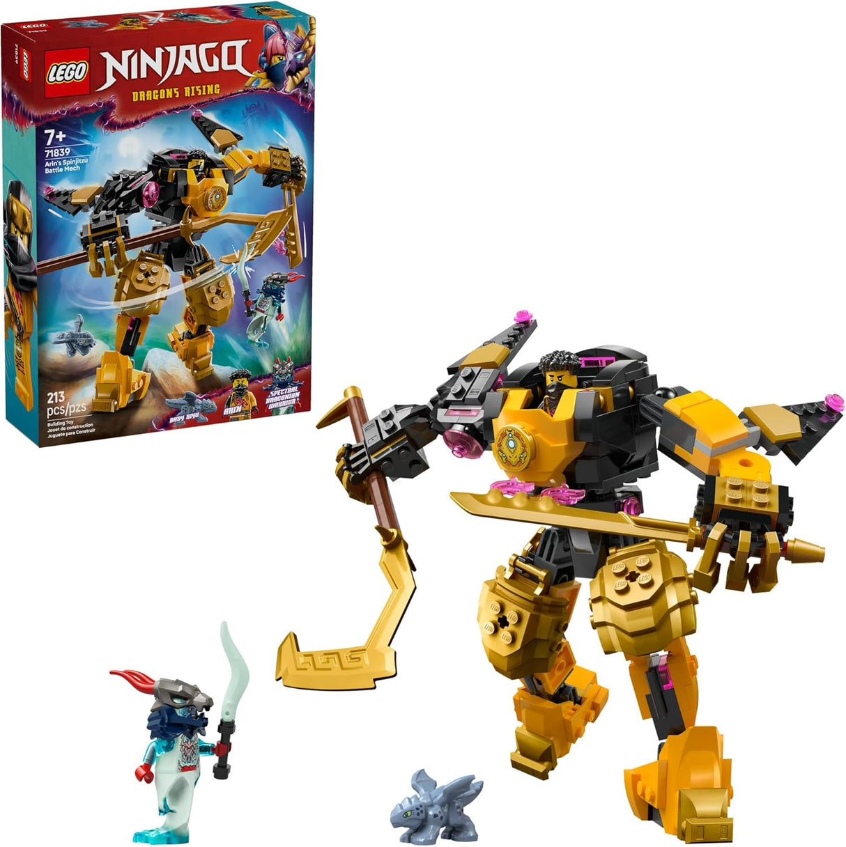 LEGO Ninjago Arin's Spinjitzu Battle Mech with articulated arms, swords, and minifigures for creative play.