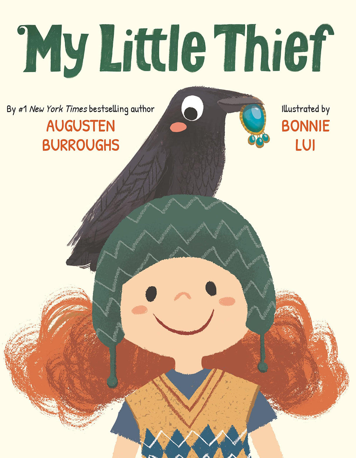 My Little Thief book cover of a smiling girl with red hair and a crow holding a shiny button on her head.