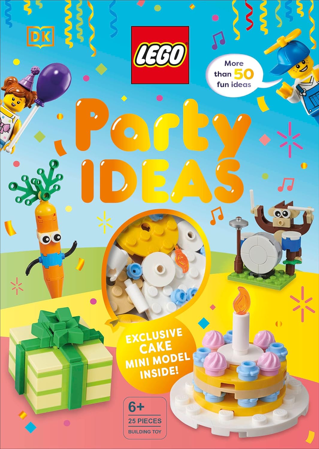 Lego Party Ideas with exclusive cake mini model, fun LEGO decorations, party hats, and over 50 building ideas for ages 6+