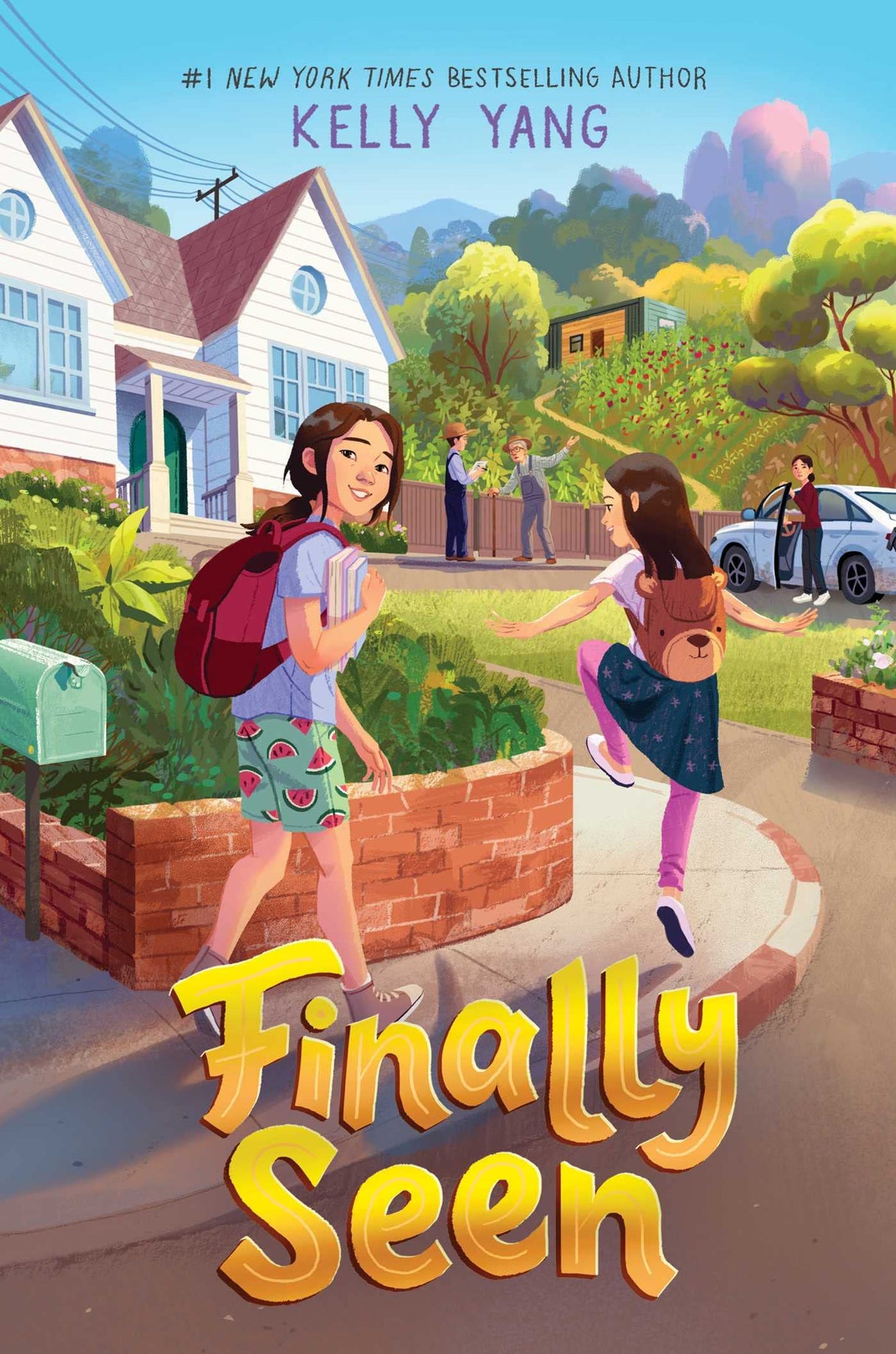 Finally Seen book cover showing two young girls with backpacks outside a suburban house on a sunny day