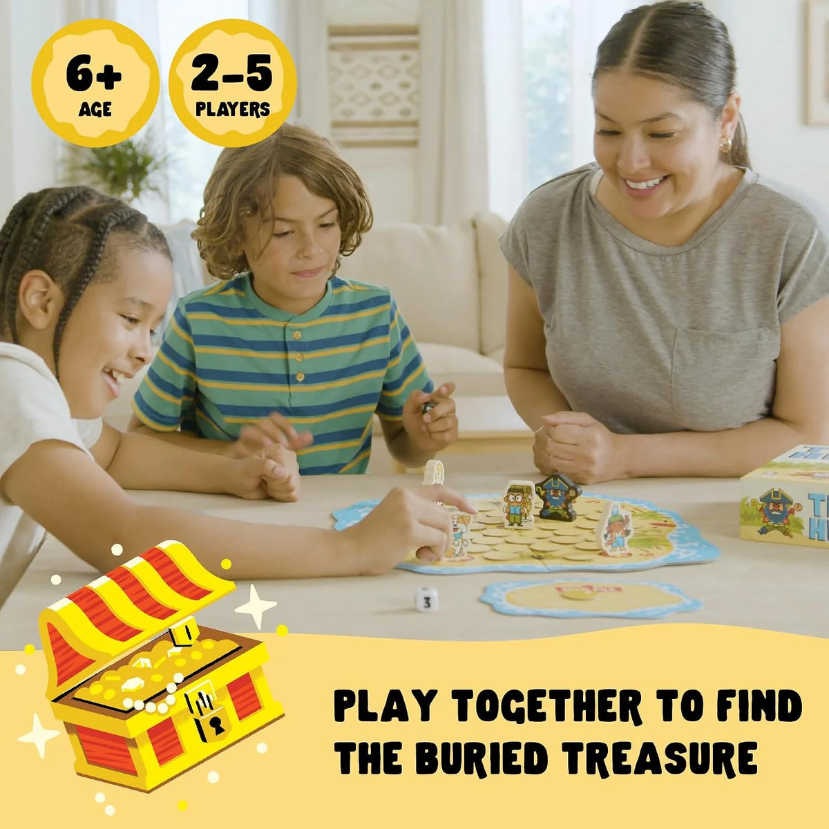 Treasure Hunt game with children and an adult searching for buried treasure on a colorful game board