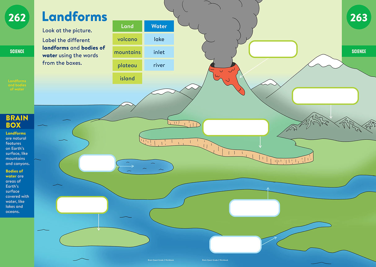 Brain Quest Workbook Grade 2 page showing colorful labeled landforms like volcano, mountain, river, lake for 2nd-grade science learning.