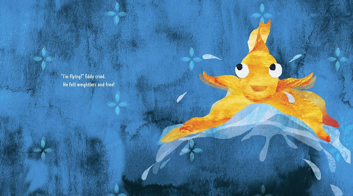 A colorful illustration of Eddy the goldfish leaping from water in the book A Friend For Eddy.