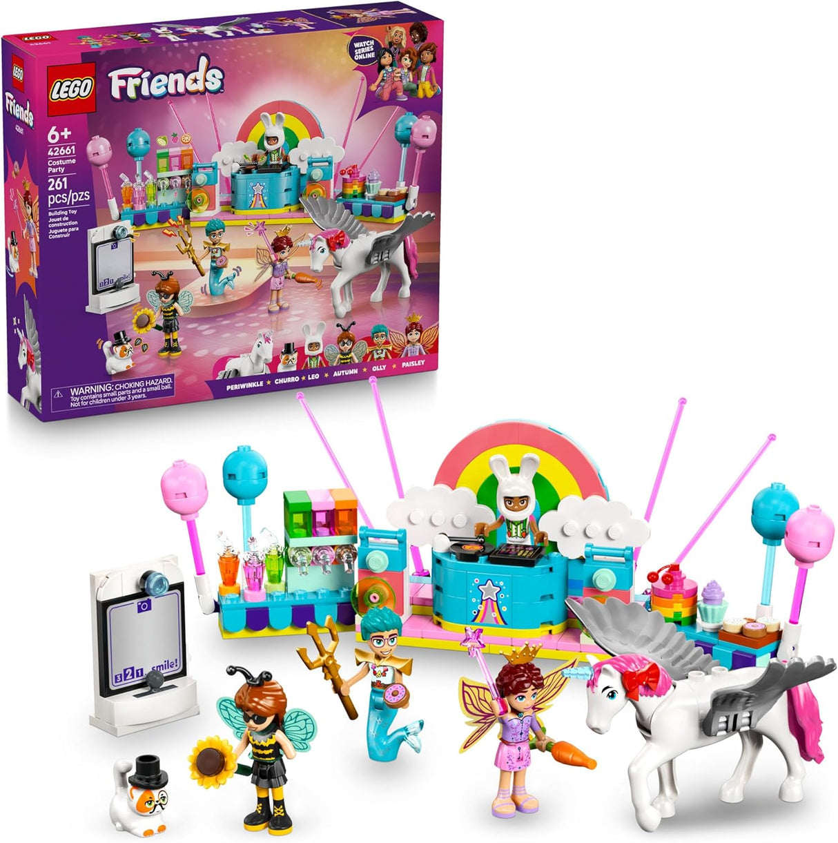 LEGO Friends Costume Party set with unicorn, fairy, DJ booth, photo props, and colorful character figures.