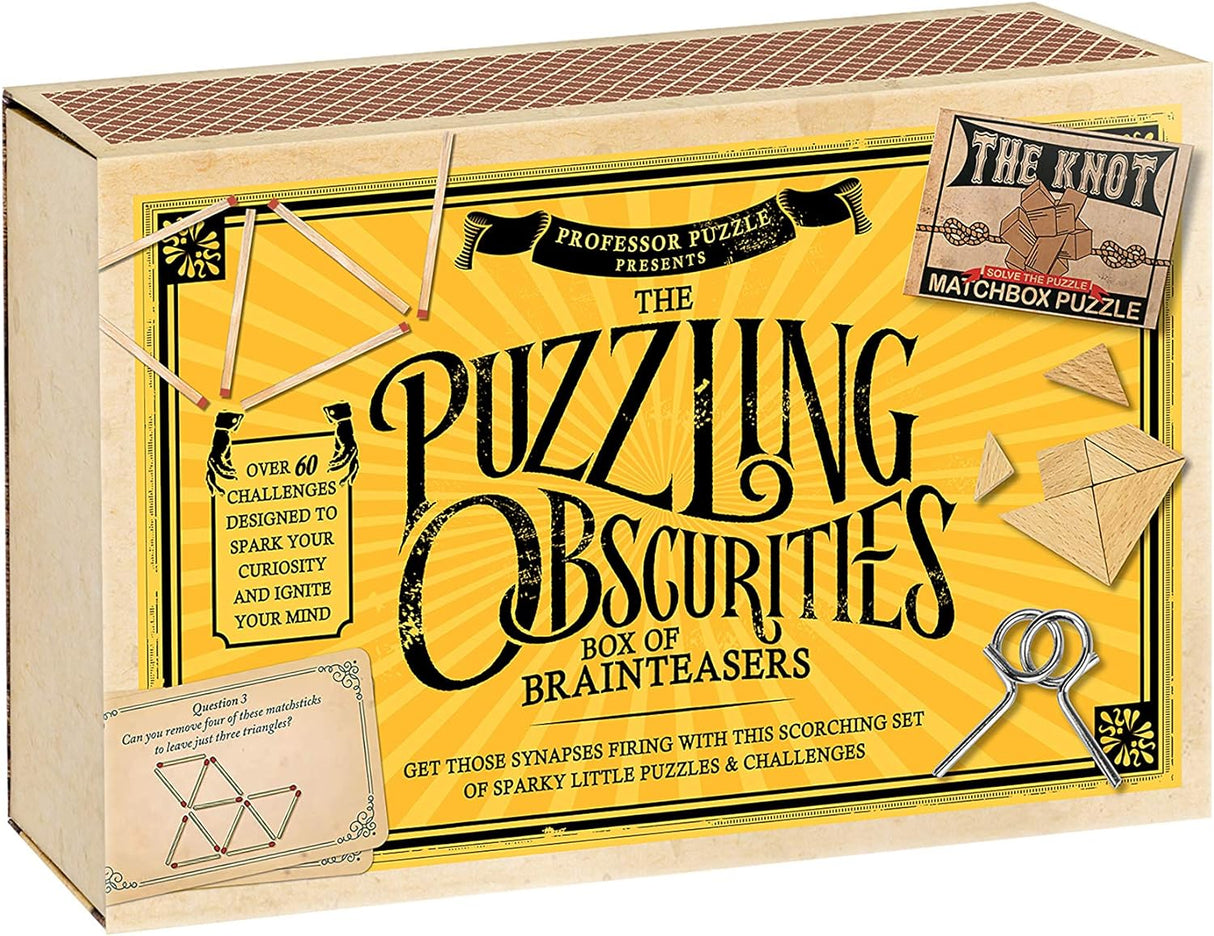 Puzzling Obscurities Matchbox Puzzle with wooden puzzles and brainteaser challenges in a vintage-style box.