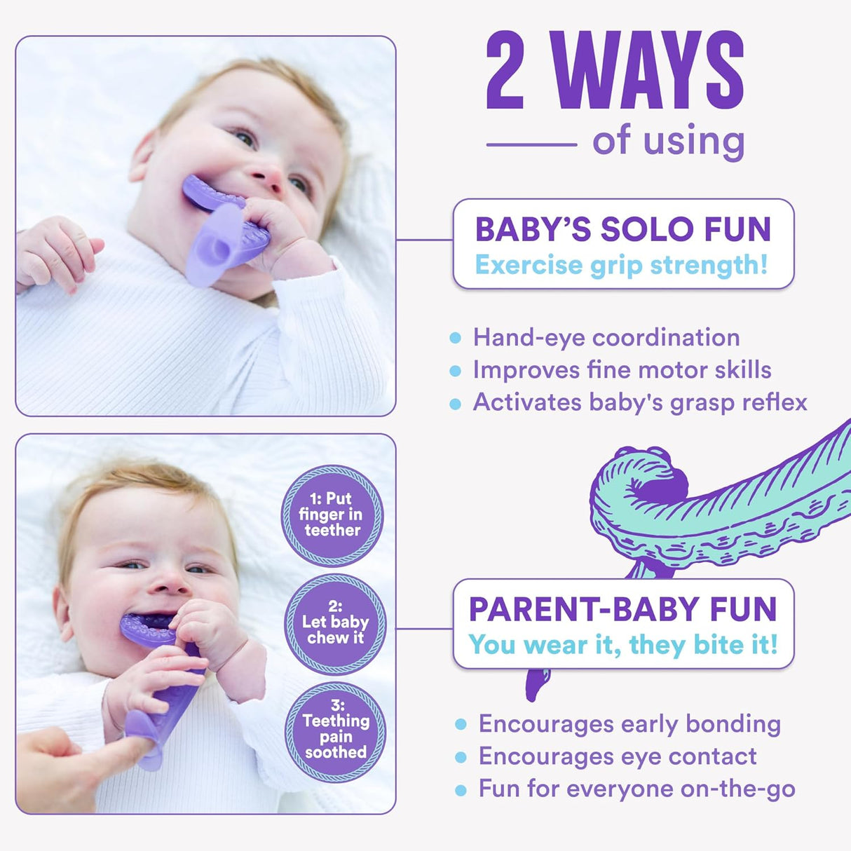 Baby using Tentacle Teether to soothe gums and develop grip strength while parent interacts wearing the toy on finger.