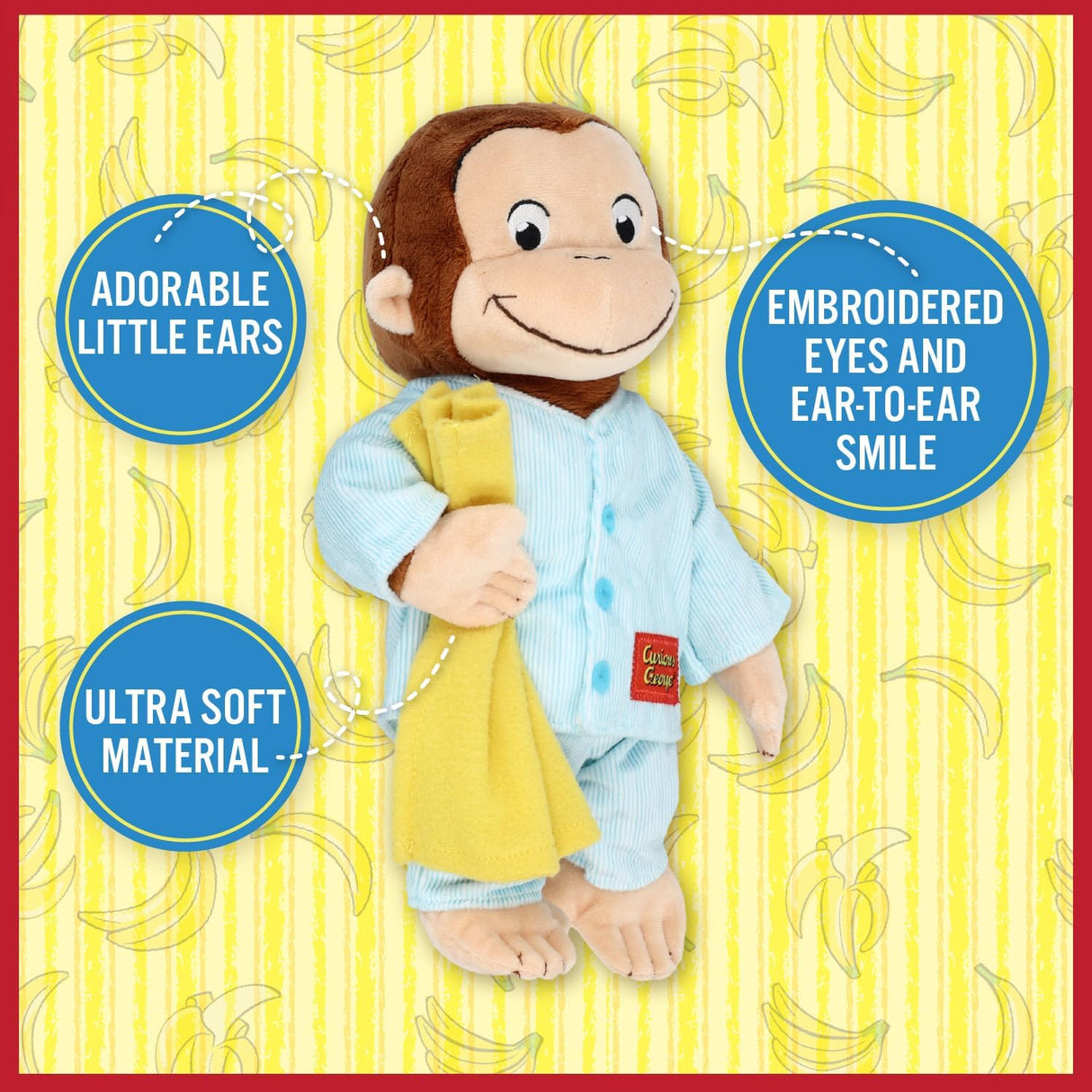 Curious George | Pajamas plush toy wearing soft blue pajamas and holding a yellow blanket with embroidered features