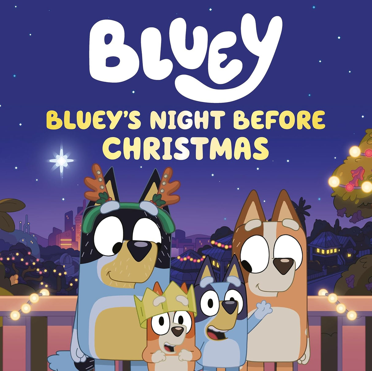 Bluey and family wearing festive accessories enjoying a Christmas Eve night with city lights in the background