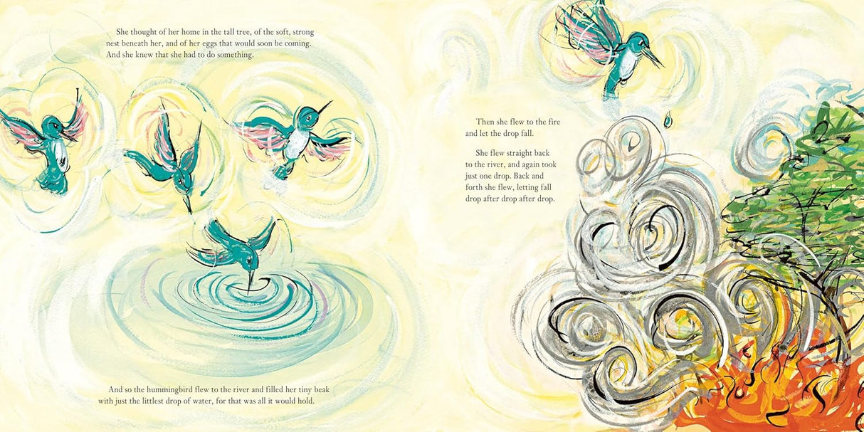 The Littlest Drop shows a tiny hummingbird carrying water drops to fight a forest fire in a vibrant illustration.