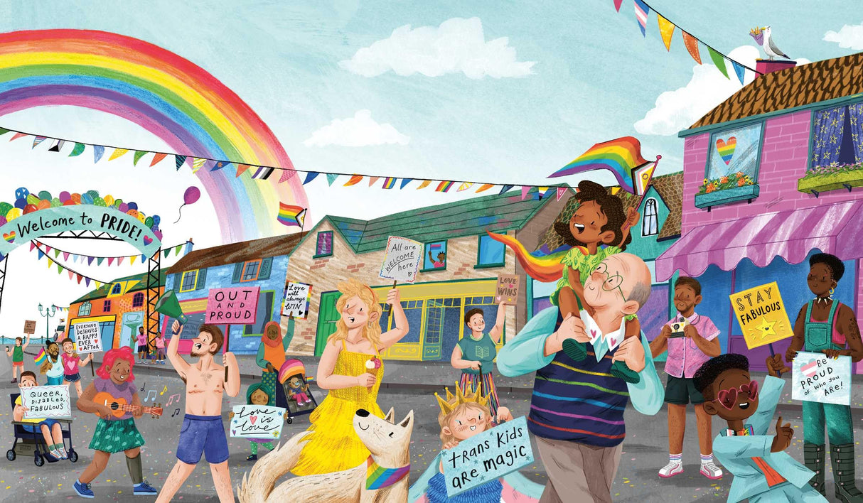 Grandad's Pride shows a vibrant Pride parade with diverse people, rainbow flags, and joyful celebration in a small town.