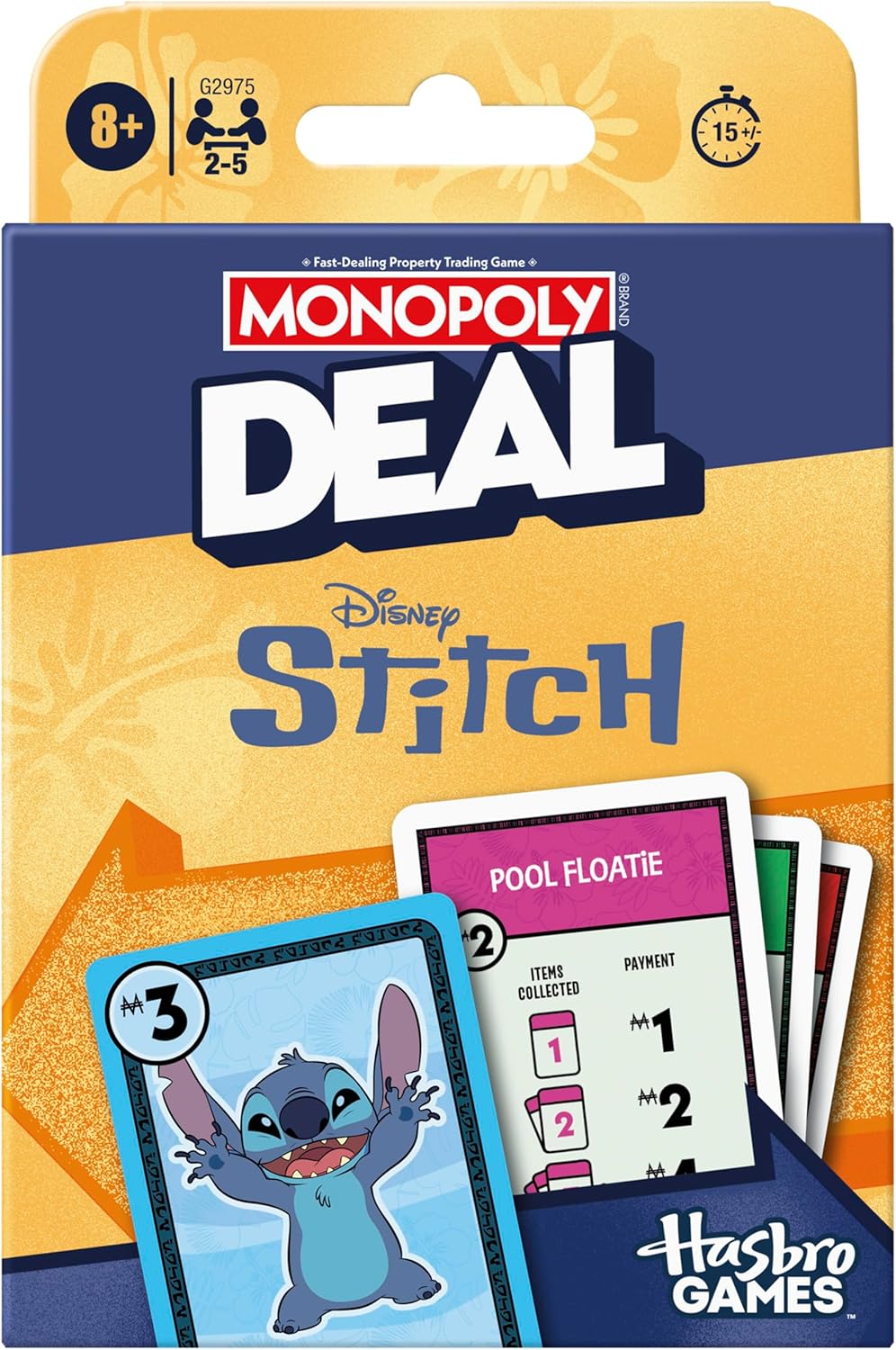 Monopoly Deal Disney Stitch card game packaging showing playful Stitch and colorful game cards for family fun.
