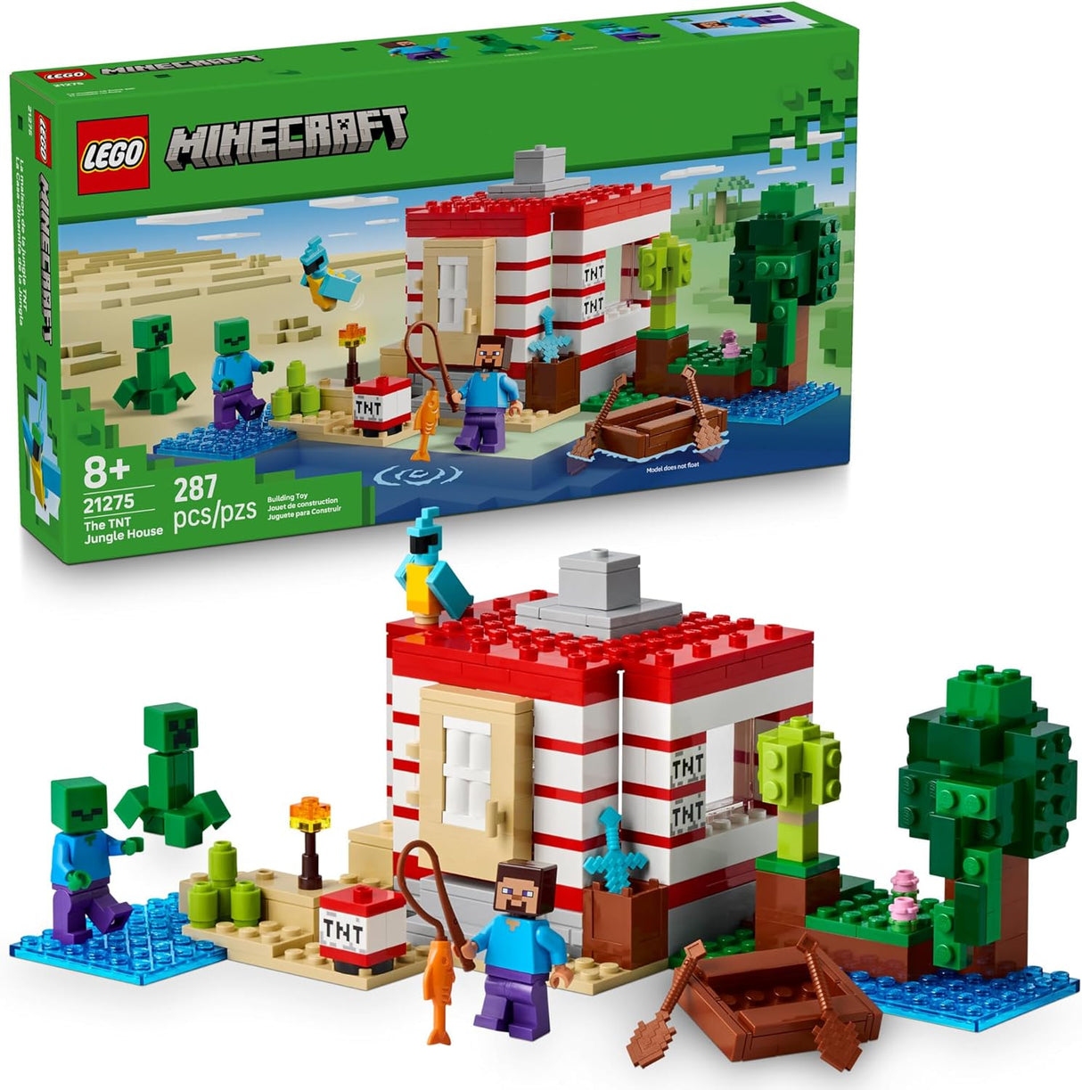 LEGO Minecraft TNT Jungle House set with Steve, Creeper, boat, fishing rod, and colorful parrot figure for ages 8 and up