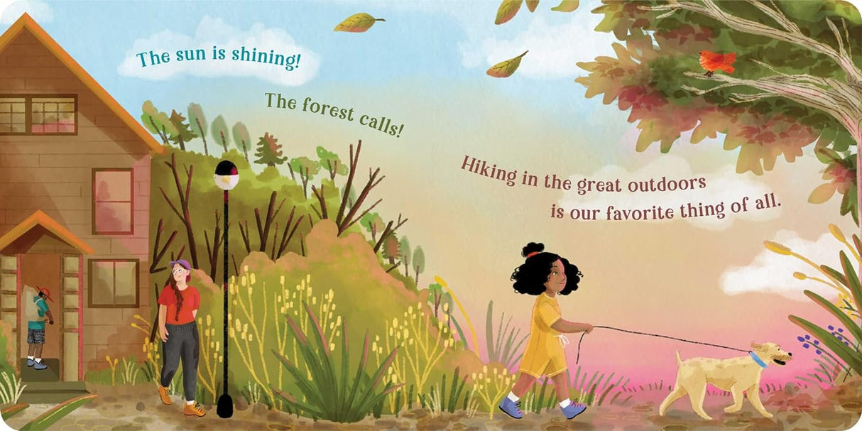 The Great Outdoors board book scene shows a family hiking and enjoying nature with a dog near a house at sunset.