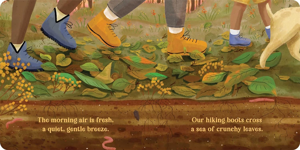 The Great Outdoors board book illustration of family hiking boots stepping on crunchy leaves in a lively forest setting.