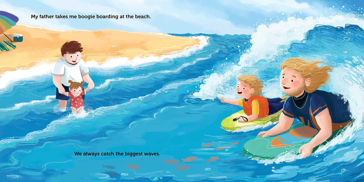 Daddy and Me board book illustration of a father and children boogie boarding and playing at the beach by the waves.
