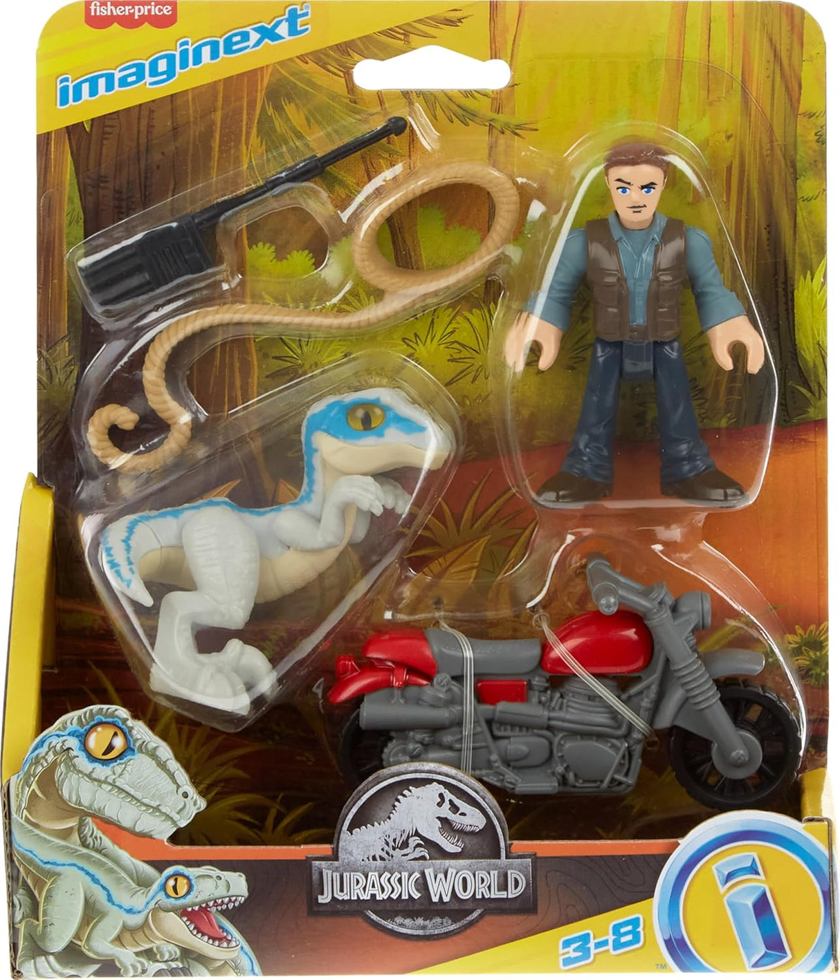 Jurassic World Owen & Blue toy set with Owen figure, poseable blue raptor, motorcycle, and accessories for imaginative play.
