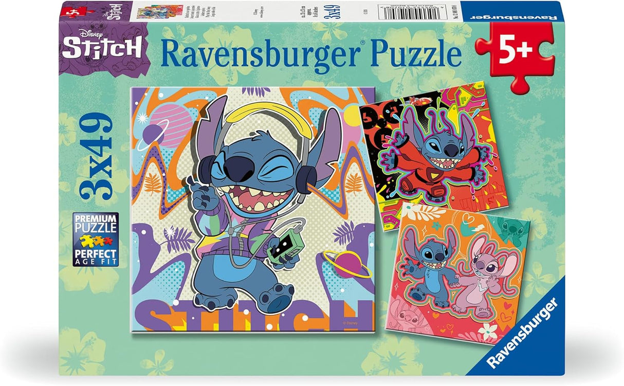49pc Stitch Puzzles featuring colorful Disney Stitch designs, perfect for kids ages 5 and up to enjoy assembling.