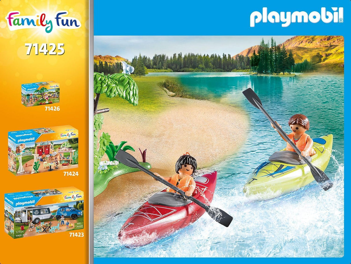 Family Fun | Camping with Campfire shows two figures canoeing on a lake surrounded by trees and mountains.