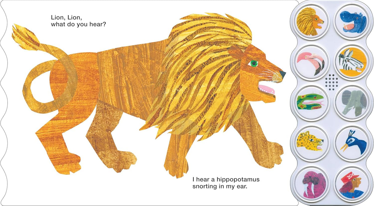 Polar Bear, Polar Bear, What Do You Hear? board book page showing a roaring lion and sound panel buttons.