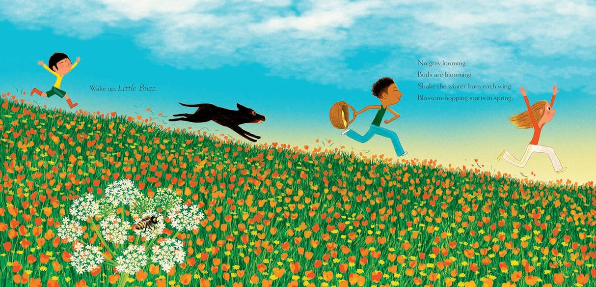 Wake Up, Woodlands shows children and a dog joyfully running through a colorful wildflower meadow under a bright sky.