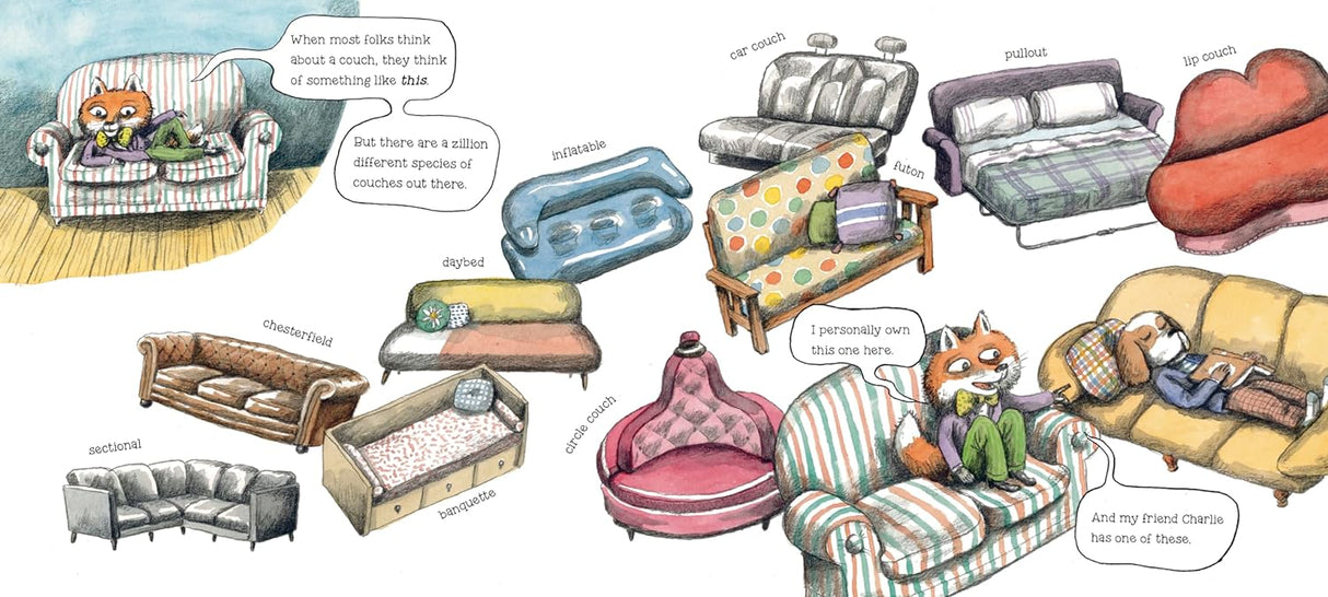 Illustration from The Truth About the Couch showing various playful and quirky couch types with a cartoon fox character.