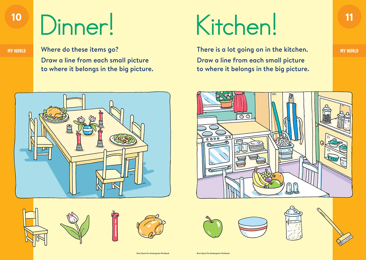 Brain Quest Workbook Pre-K page with colorful illustrations teaching kids where dinner and kitchen items belong.