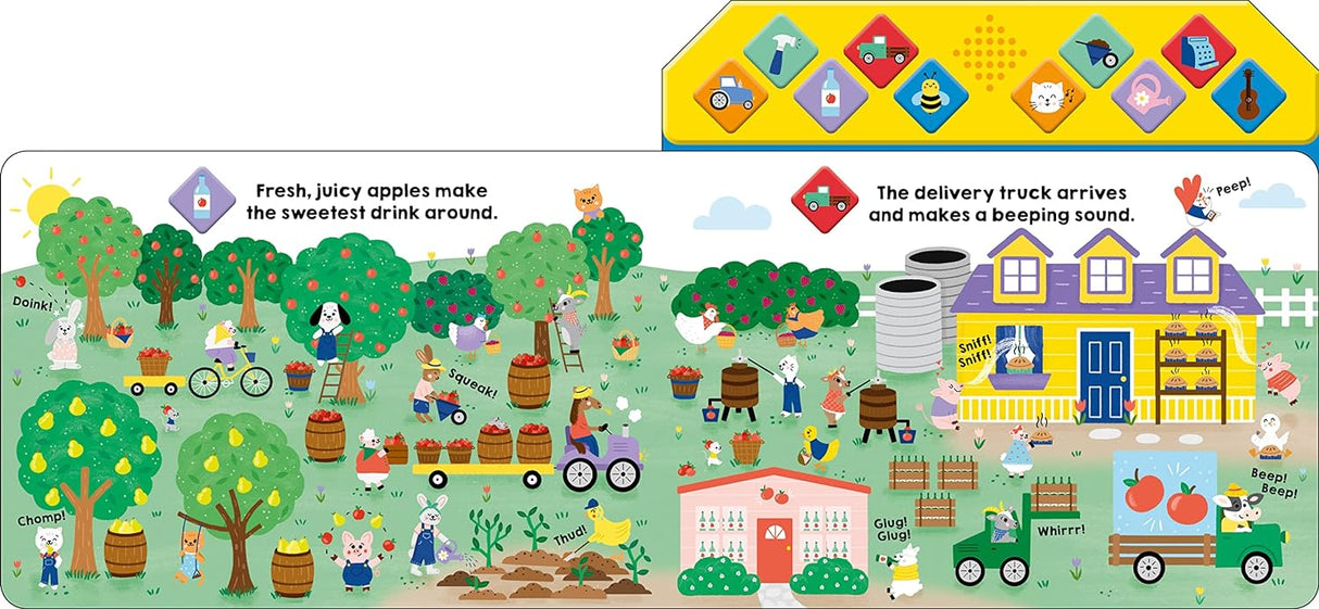 What Can You Hear Farm board book showing a colorful farm scene with animals, fruits, and a delivery truck.