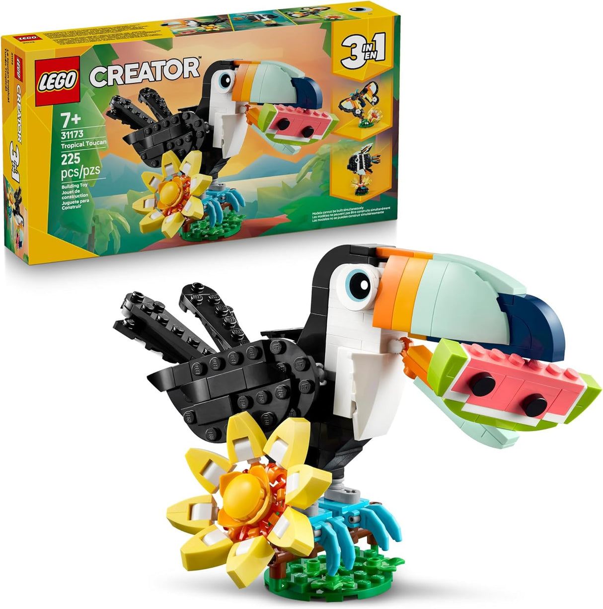 Colorful LEGO toucan toy holding a watermelon slice perched on a branch with a bright yellow flower build.