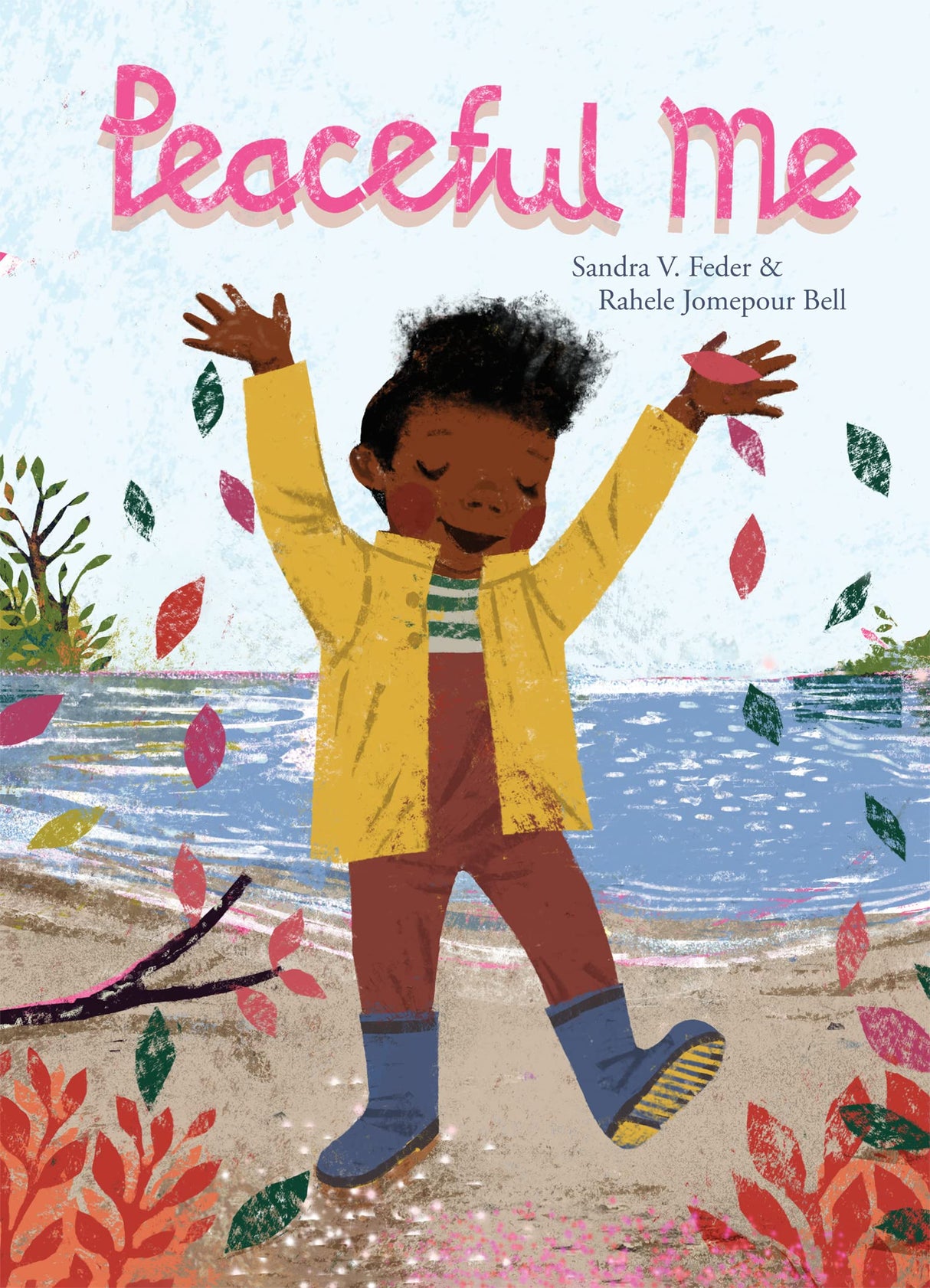 Peaceful Me book cover showing a joyful child with arms raised surrounded by falling leaves near water.