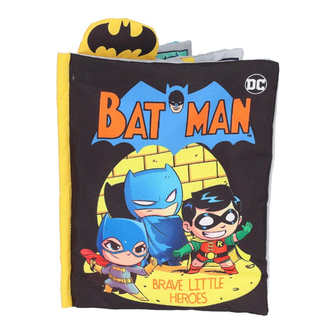 DC My First Comic Soft Book featuring Batman, Robin, and Batgirl with plush toys and interactive flaps for babies.