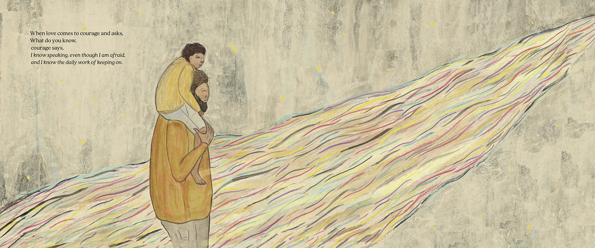 Illustration from What Do You Know? showing a child on an adult’s shoulders looking at colorful flowing lines on textured background.