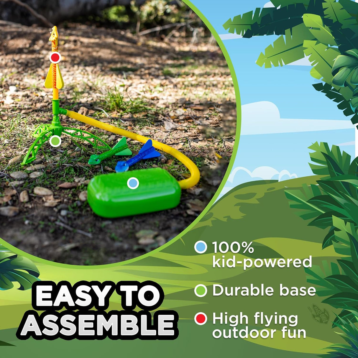 Stomp Rocket DinoSoar launch stand with colorful rockets set up outdoors on the ground ready for play