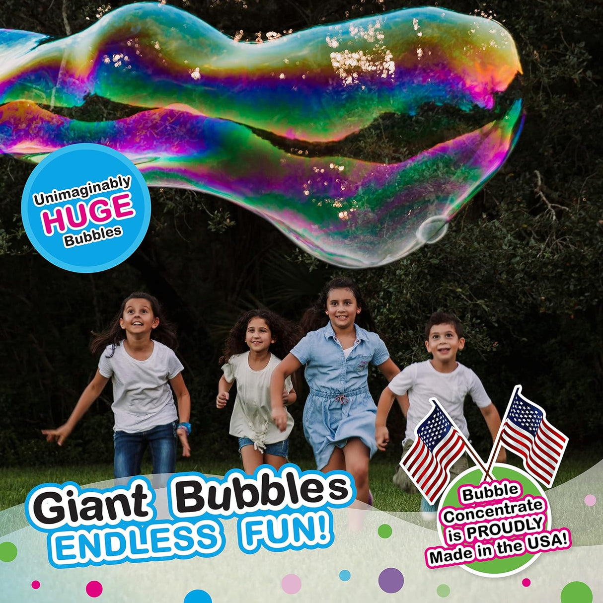 WOWmazing Bubbles Grab-N-Go Giant Bubble Kit creating huge colorful bubbles with kids playing outdoors.