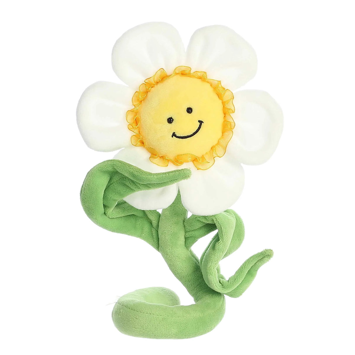 Poseez Daisy plush toy standing 15" tall with poseable green stem and white petals smiling warmly.