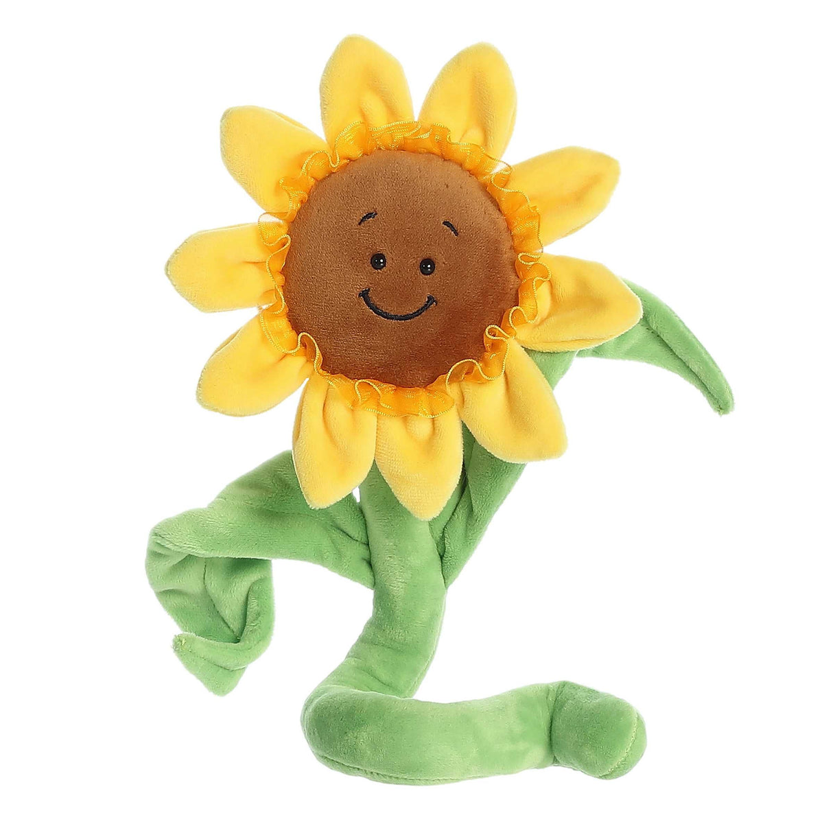 Poseez Sunflower plush toy with a smiling face, yellow petals, and green poseable stem, 15 inches tall.
