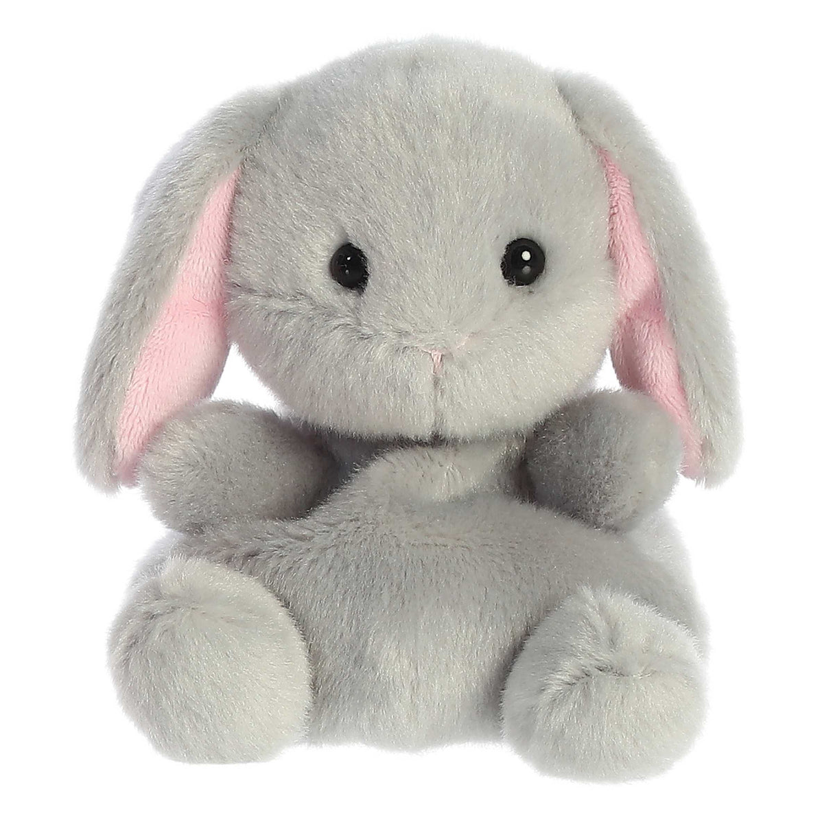 Palm Pals Pebbles Bunny plush toy with soft gray fur and pink ears, perfectly sized to fit in your palm.