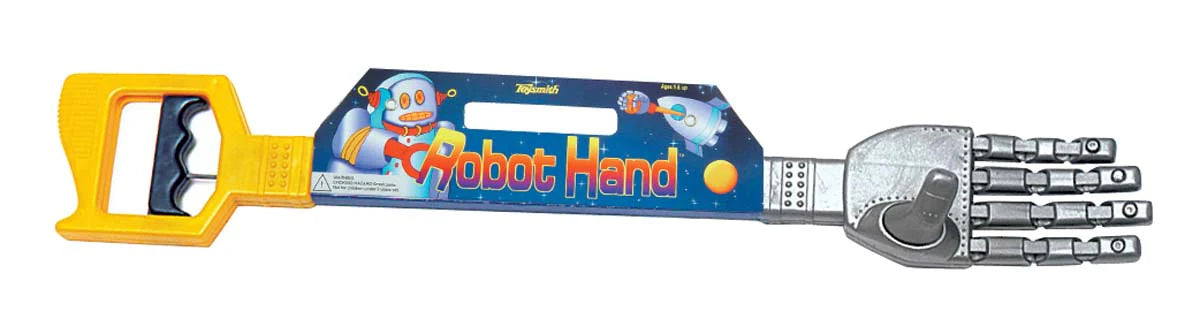 Robot Hand 18-inch extendable silver toy arm with moving fingers and yellow-black squeeze grip handle.