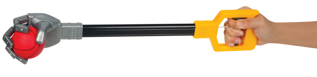 Robot Hand toy with extendable arm, silver moving fingers, and yellow-black squeeze grip holding a red ball.