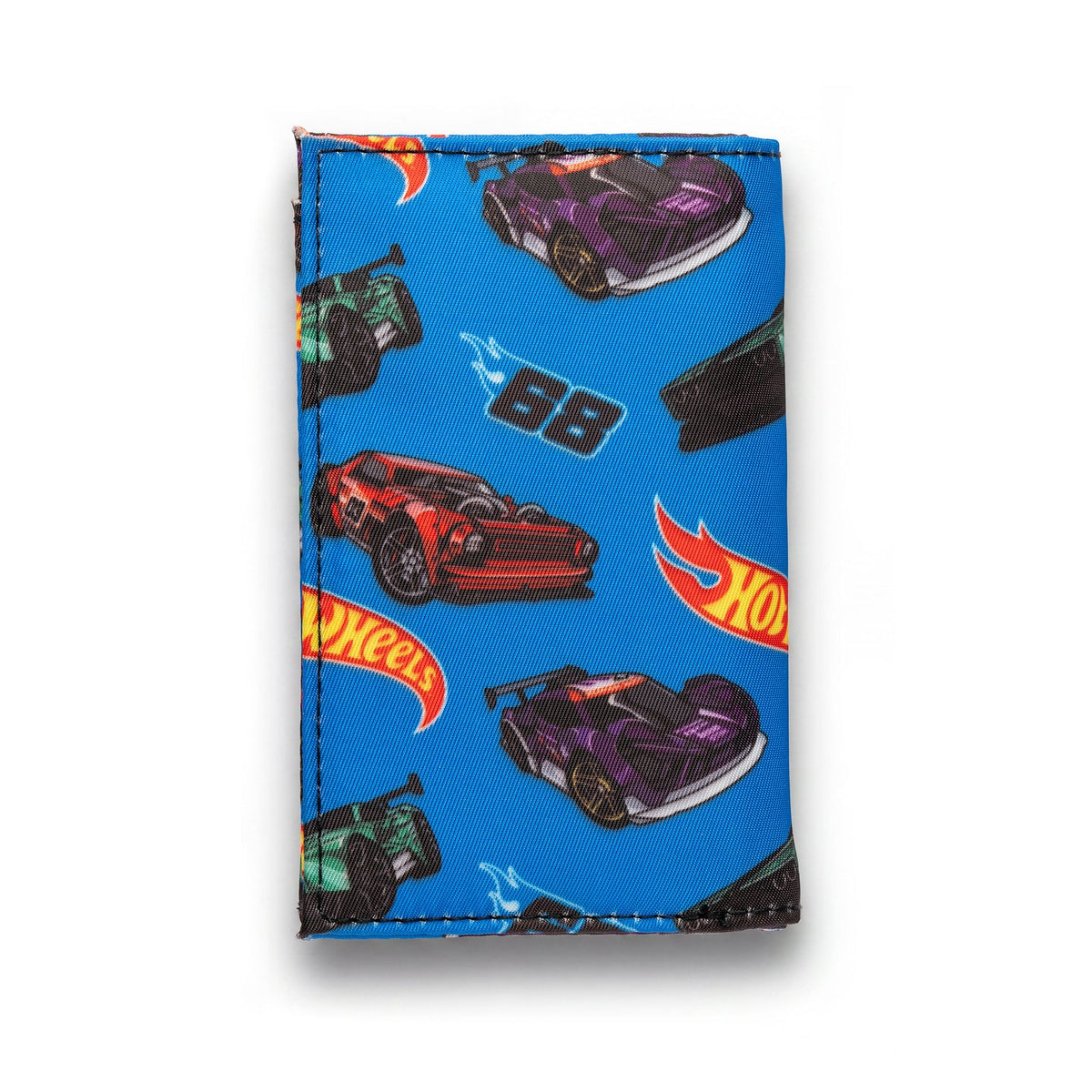 Hot Wheels Classic '68 Tri-Fold Wallet with colorful race car graphics on blue fabric