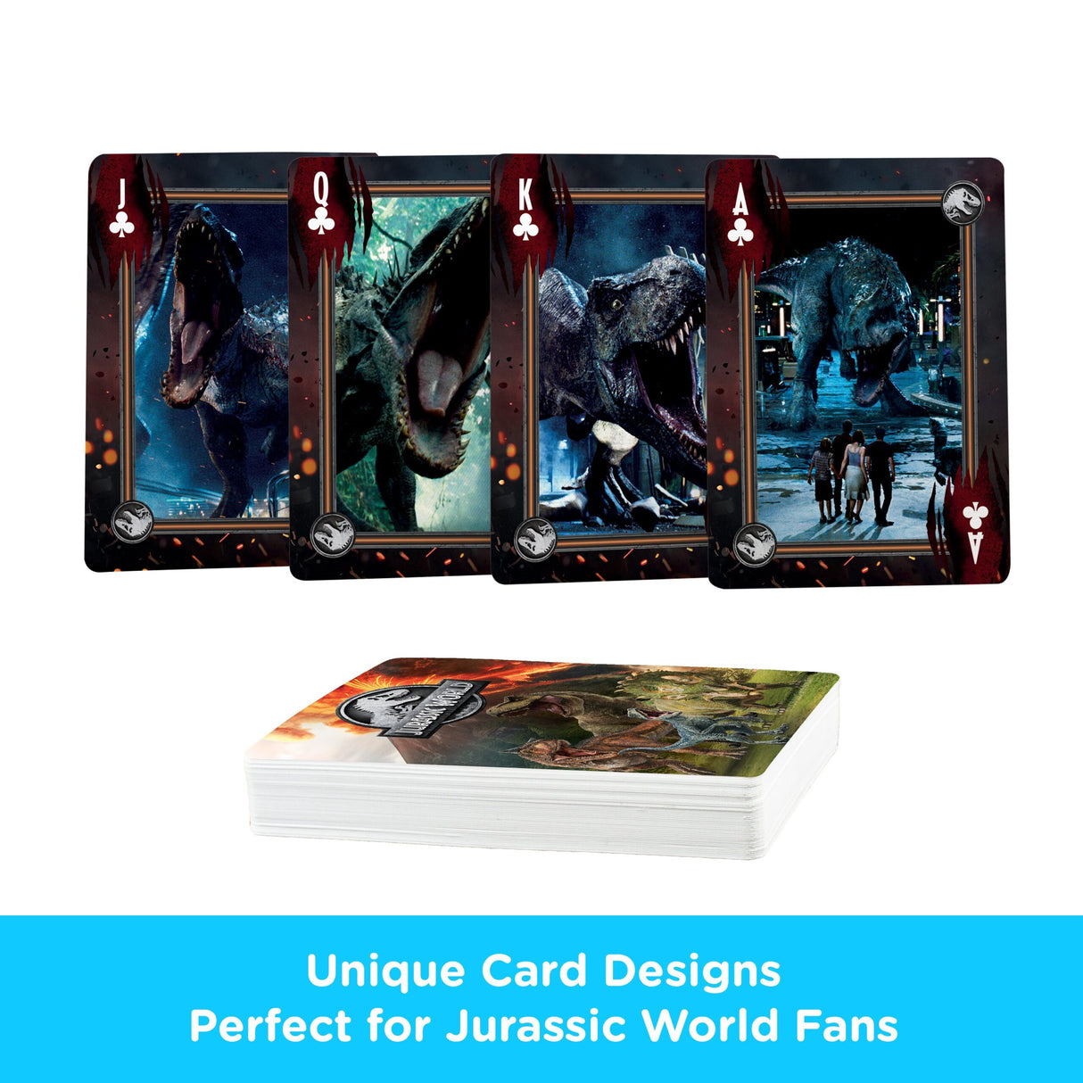 Jurassic World Playing Cards featuring detailed dinosaur designs and a collectible deck for fans and family game nights.