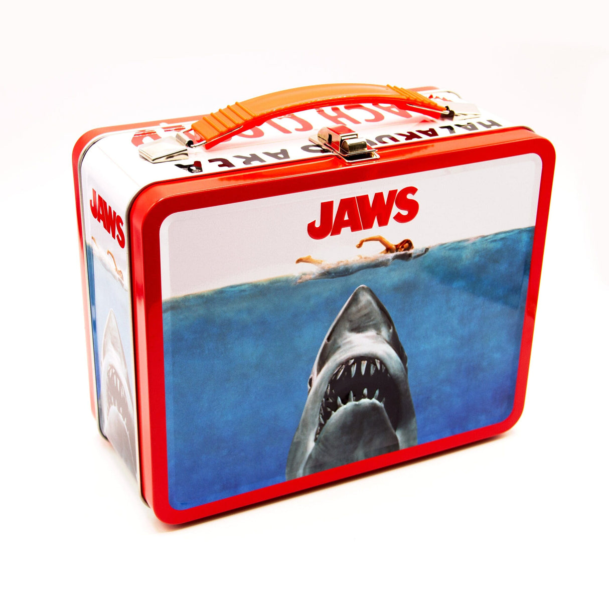 Jaws Tin Fun Box metal storage container with classic Jaws movie art, durable latch, and collapsible plastic handle.