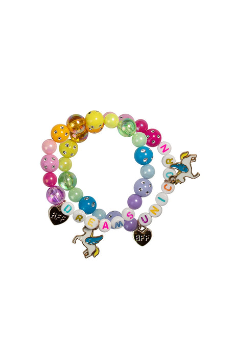 Unicorn Dreams BFF Bracelets featuring rainbow beads, gold unicorn charms, and BFF heart accents for best friends.