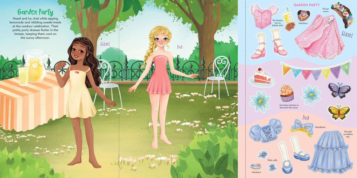 Two girls in garden setting with various dress-up stickers featuring clothes, accessories, and playful details on a colorful page.