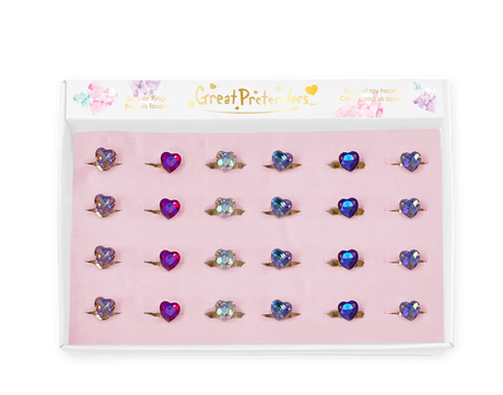 Spinner Ring | Gem of My Heart colorful adjustable fidget rings with heart-shaped gems in assorted colors on display.