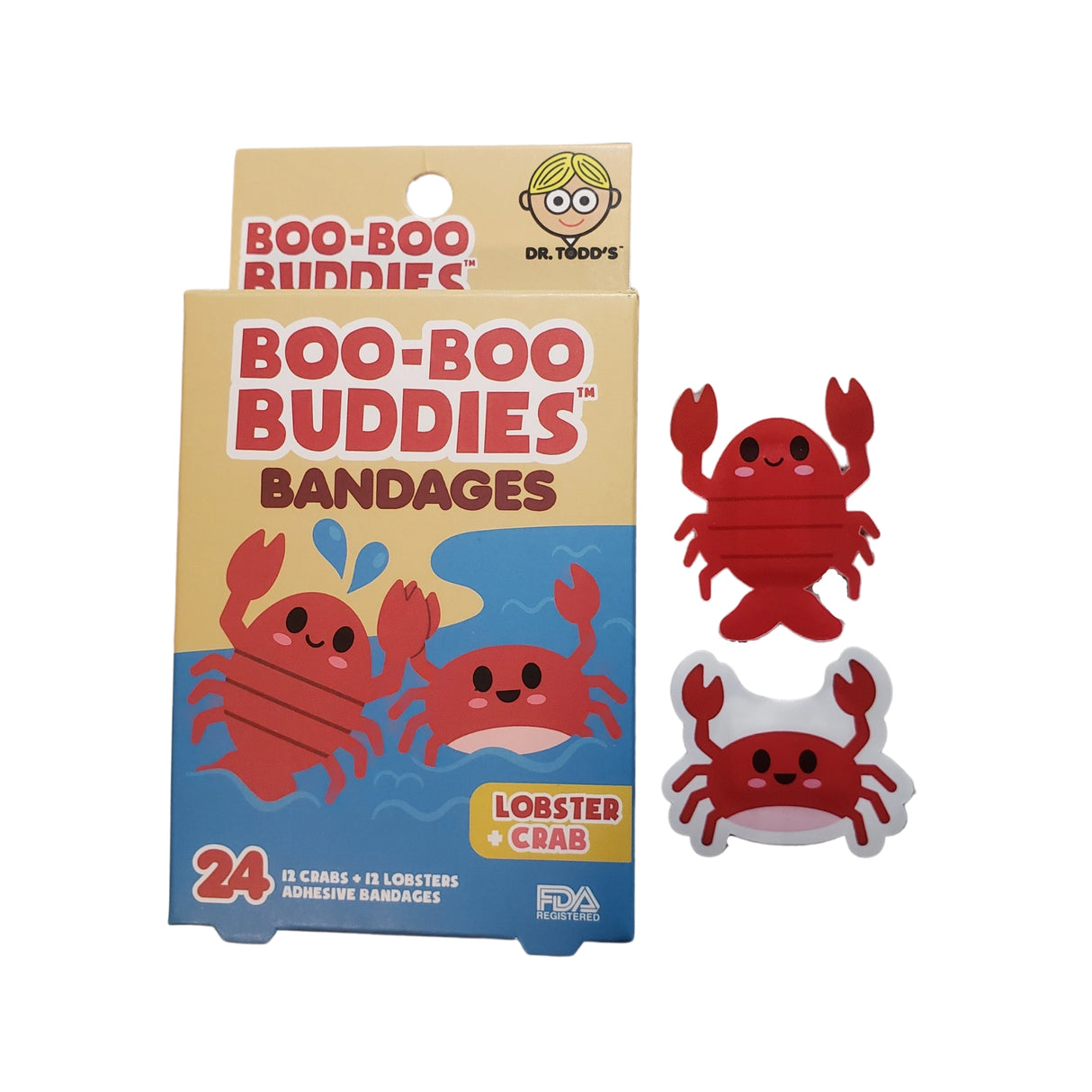 Lobster & Crab Bandages with 24 latex-free, sterile adhesive designs featuring friendly crustacean shapes.