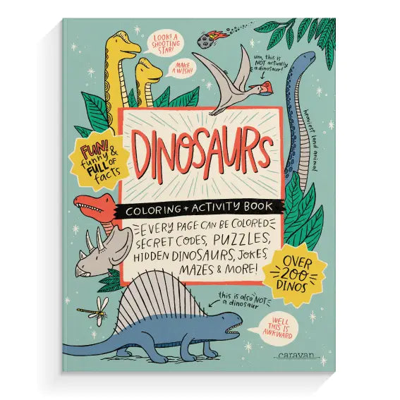 Cover of a dinosaurs coloring and activity book featuring fun facts jokes puzzles and over 200 dinosaurs
