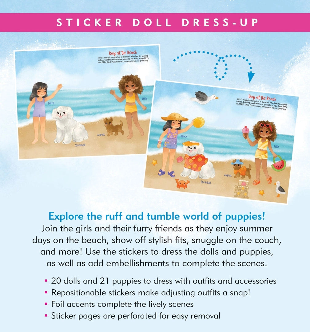 Two illustrated scenes show girls and puppies at the beach with colorful outfits and accessories on stickers